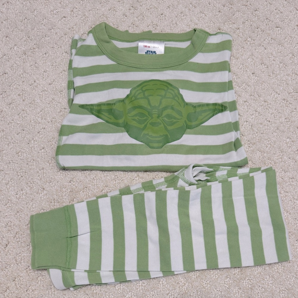 Hanna Andersson Star Wars Yoda Green Striped Kids Pajama Set 120 cm 6-7 years
